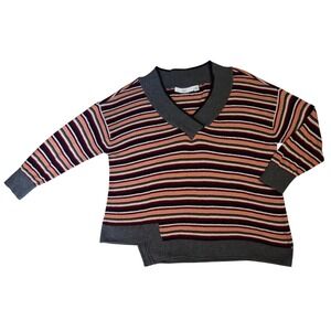 Wilt Women's S  V-Neck Multi Striped Cotton Cashmere Asymmetrical‎ Hem Sweater